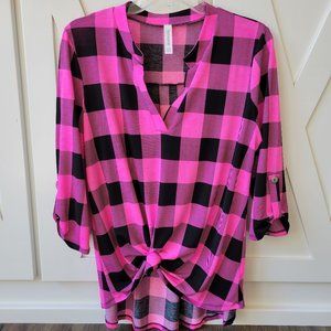 HONEYME BUFFALO CHECK GABBY TOP - HOT PINK - MEDIUM